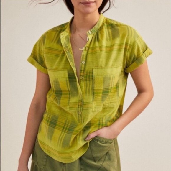 Anthropologie Pilcro Hannah Surf Plaid Popover Size XS‎ Chartreuse Casual Summer - Picture 10 of 10